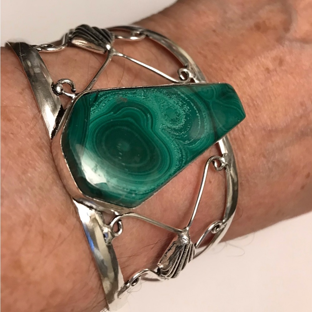 Malachite Stamped 925 Sterling Silver Cuff Bracelet - Picture 2 of 3